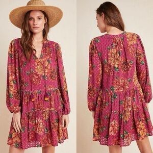 Anthropologie Farm Rio Pink Eyelet Tiered Tunic Mini Dress Size Large